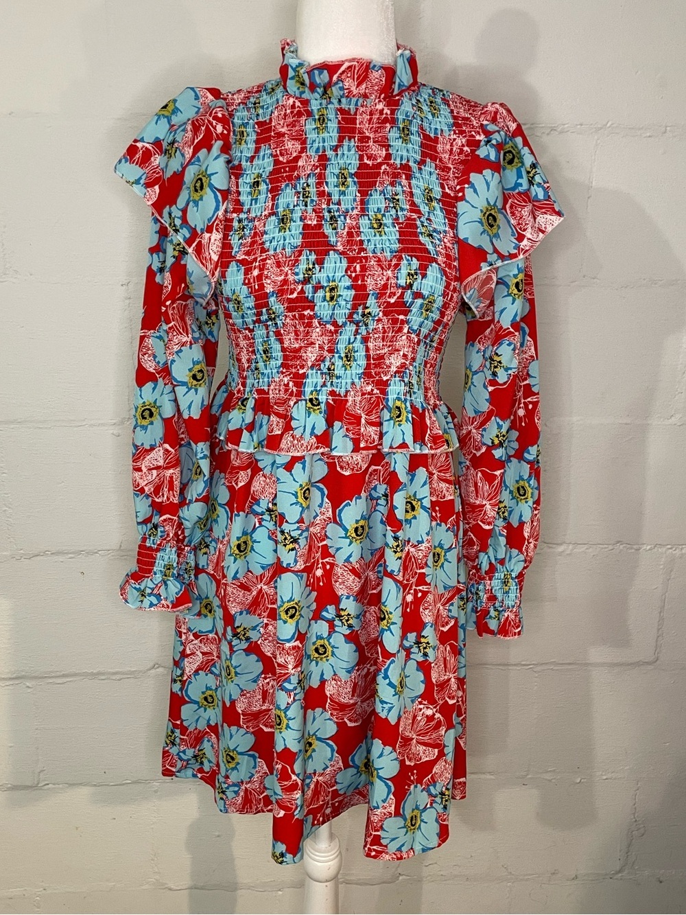 Red Floral Long-Sleeve Smocked Dress with Blue Blooms